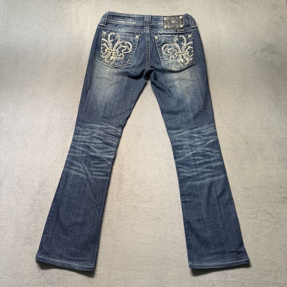 Miss Me Womens 27 Boot Cut Jeans Blue Fleur De Lis Embellished Low Rise Denim